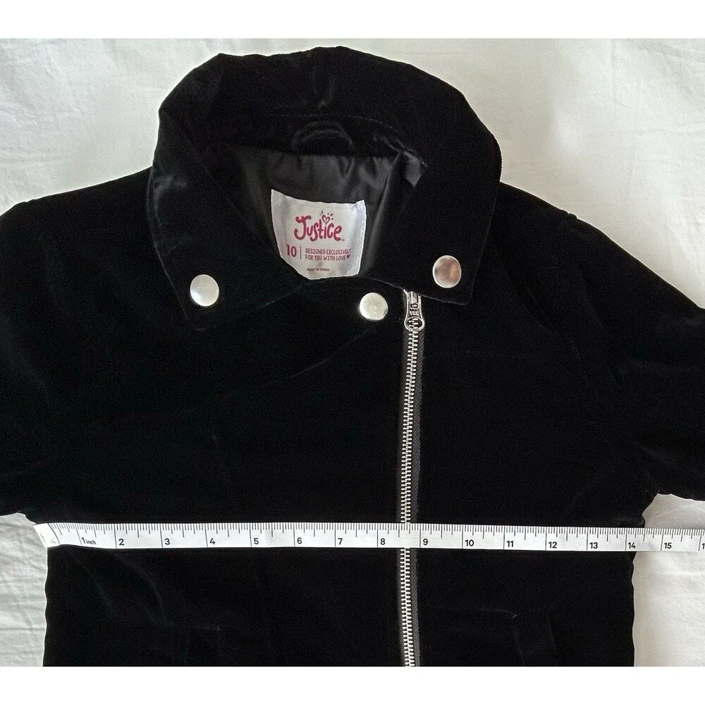 NWOT Justice Girls Black Velvet Moto Jacket Size 10 Lined Lace Up Sleeve